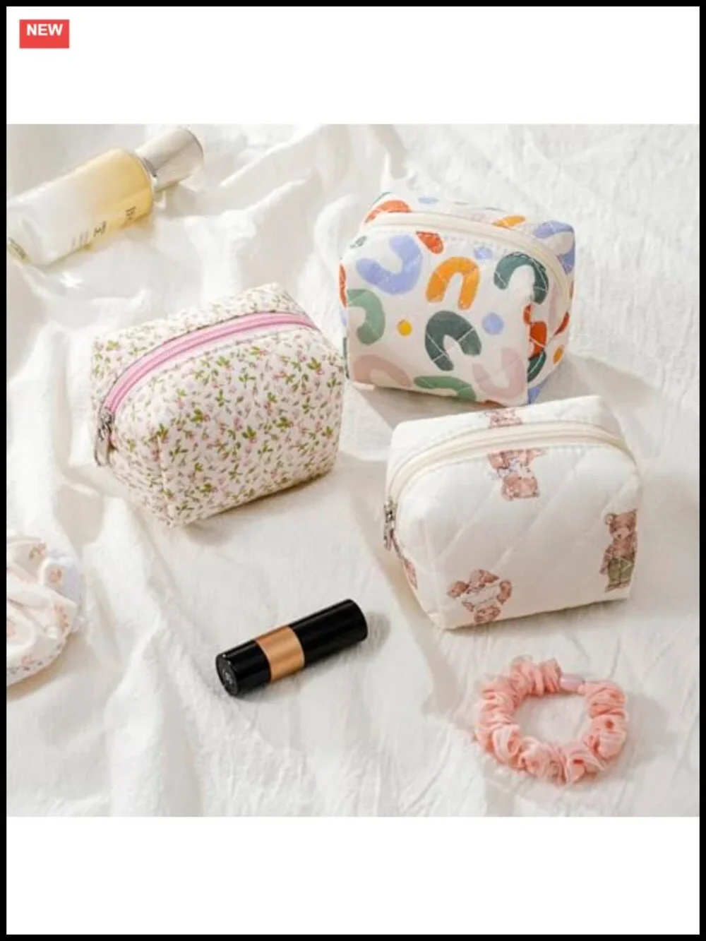 Mini Quilted Cosmetic Bag with Zipper, Flower Pattern Makeup Pouch for Purse,